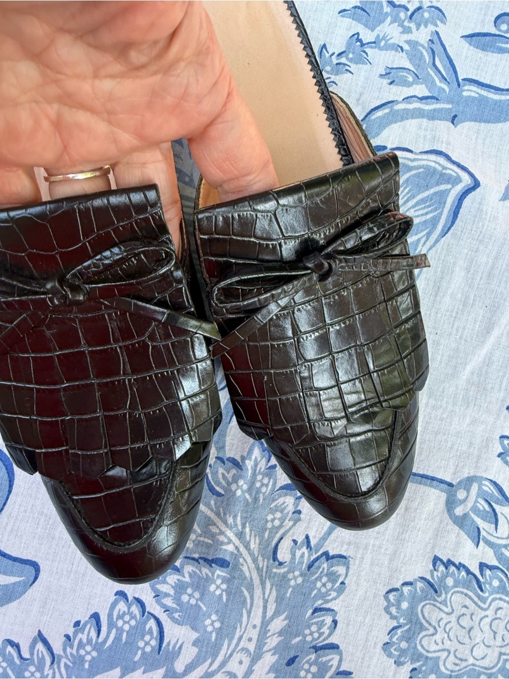 J Crew Womens Croc Embossed Leather Mules Size 7 Black Office Luxury Shoes - Picture 6 of 7